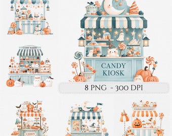 Halloween Candy Stand Storefronts Clipart Bundle Shop Whimsical Halloween Kiosk Junk Journal Scrapbook Commercial Use (Digital Download)