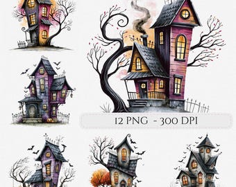 Halloween Haunted House Clipart Bundle Watercolor PNG Images Whimsical Gothic Junk Journal Scrapbook Commercial Use (Digital Download)
