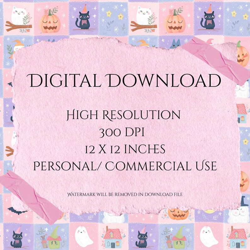 K&ouml;nnte beinhalten: Eine digitale Download-Datei mit einem sich wiederholenden Muster aus wei&szlig;en Geistern, orangefarbenen K&uuml;rbissen und schwarzen Katzen mit Partyh&uuml;ten auf einem karierten rosa und violetten Hintergrund. Der Text lautet: DIGITAL DOWNLOAD, 300 DPI, 30,48 X 30,48 CM.