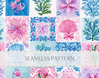 Könnte beinhalten: Ein nahtloses Muster mit einem Raster aus Aquarellillustrationen, darunter rosa Blumen, grünes Blattwerk und blaue botanische Motive. Ein weißes, gewelltes Banner in der Mitte zeigt den Text SEAMLESS PATTERN in dunkelgrauer Schrift.