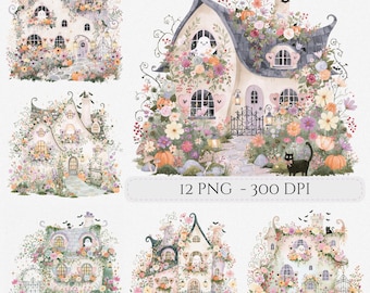 Whimsical Halloween Floral Cottage Clipart Bundle Watercolor Haunted House Junk Journal Digital Paper Scrapbook (Digital Download)
