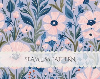 Pink Watercolor Floral Seamless Pattern Cottagecore Blue Wildflower Junk Journal Digital Paper Scrapbook Commercial Use (Digital Download)