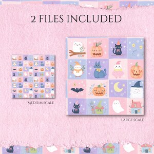 K&ouml;nnte beinhalten: Ein digitales Musterdesign mit zwei Quadraten, beschriftet mit 2 FILES INCLUDED, MEDIUM SCALE und LARGE SCALE. Das Muster besteht aus einem Raster aus pastellrosa und violetten Quadraten mit Illustrationen von Katzen, K&uuml;rbissen, Geistern, Flederm&auml;usen und H&auml;usern.