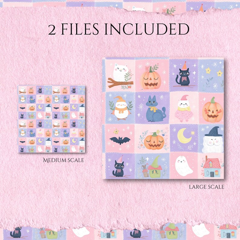 K&ouml;nnte beinhalten: Ein digitales Musterdesign mit zwei Quadraten, beschriftet mit 2 FILES INCLUDED, MEDIUM SCALE und LARGE SCALE. Das Muster besteht aus einem Raster aus pastellrosa und violetten Quadraten mit Illustrationen von Katzen, K&uuml;rbissen, Geistern, Flederm&auml;usen und H&auml;usern.