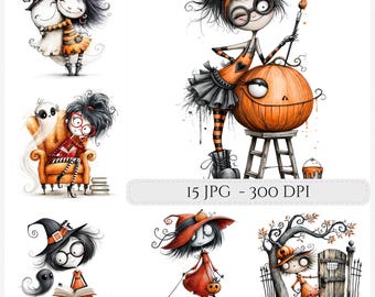 Cute Spooky Halloween Girl Clipart Whimsical Witch Ghost Halloween JPG Images Junk Journal Scrapbook Commercial Use (Digital Download)