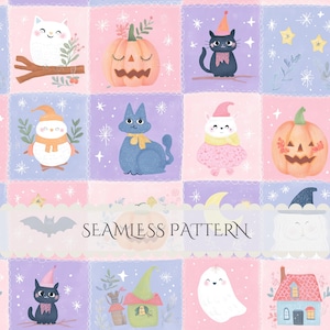 Halloween Patchwork Seamless Pattern | Cute Watercolor Halloween Digital Paper | Pink Purple Ghost Cat Pumpkin Paper | Instant Download