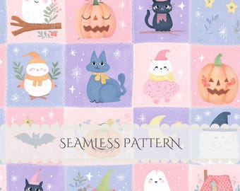 Halloween Patchwork Seamless Pattern Watercolor Digital Paper Ghost Cat Pumpkin Junk Journal Scrapbook Commercial Use (Digital Download)