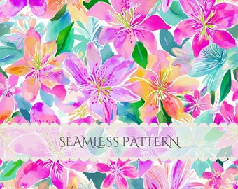 Könnte beinhalten: Ein nahtloses Muster mit einer lebendigen Aquarellillustration von Lilien in den Farben Pink, Orange und sanftem Violett, akzentuiert durch grüne Blätter. Ein horizontales, gewelltes Banner in der Mitte zeigt den Text SEAMLESS PATTERN.