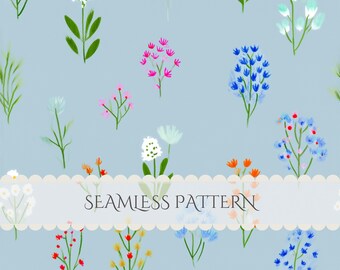 Watercolor Wildflower Seamless Pattern Blue Floral Cottagecore Botanical Junk Journal Paper Scrapbook Commercial Use (Digital Download)