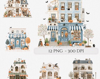 Halloween Bookstore Storefronts Clip Art Bundle Watercolor PNG Images Junk Journal Scrapbook Commercial Use (Digital Download)