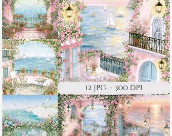 Mediterranean Seaside Terrace Clipart Bundle JPG Coastal Watercolor Summer Decor Junk Journal Scrapbook Commercial Use (Digital Download)