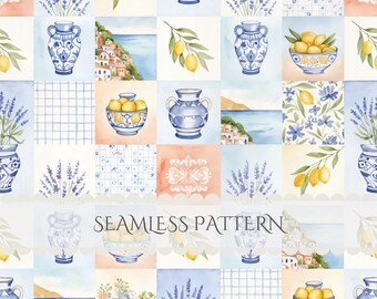 Könnte beinhalten: Ein nahtloses Muster mit Aquarellillustrationen von blau-weißen Keramikvasen, gelben Zitronen an Zweigen, mit Zitronen gefüllten Schalen, Lavendelzweigen, mediterranen Küstenlandschaften und Gittermotiven auf einem sanften pfirsichfarbenen Hintergrund.