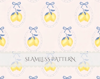 Blue Bow Lemon Seamless Pattern Watercolor Preppy Summer Junk Journal Digital Paper Scrapbook Commercial Use (Digital Download)