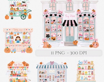 Halloween Toy Shop Storefronts Clipart Bundle Watercolor Pastel Toy Store Whimsical Junk Journal Scrapbook Commercial Use (Digital Download)