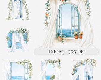 Mediterranean Window Clipart Bundle Santorini Blue PNG Images  Watercolor Floral Junk Journal Scrapbook Commercial Use (Digital Download)