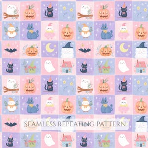 K&ouml;nnte beinhalten: Ein nahtloses, sich wiederholendes Muster mit einem Raster aus pastellrosa und violetten Quadraten. Das Design enth&auml;lt Illustrationen von wei&szlig;en Geistern, orangefarbenen K&uuml;rbissen, schwarzen Katzen mit Partyh&uuml;ten, kleinen H&auml;usern, gelben Mondsicheln und Flederm&auml;usen.