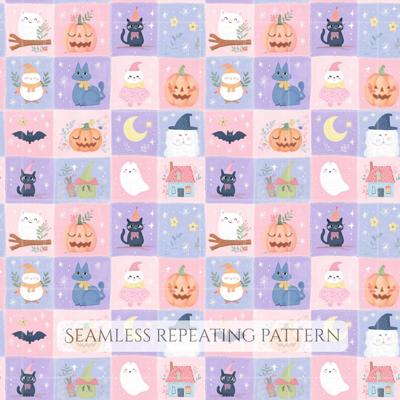 K&ouml;nnte beinhalten: Ein nahtloses, sich wiederholendes Muster mit einem Raster aus pastellrosa und violetten Quadraten. Das Design enth&auml;lt Illustrationen von wei&szlig;en Geistern, orangefarbenen K&uuml;rbissen, schwarzen Katzen mit Partyh&uuml;ten, kleinen H&auml;usern, gelben Mondsicheln und Flederm&auml;usen.