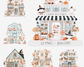 Halloween Candy Shop Storefront Clipart Watercolor PNG Cute Ghost & Pumpkin Junk Journal Digital Scrapbook Commercial Use (Digital Download)