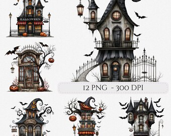 Halloween Storefronts Clipart Haunted House Shop Whimsical Halloween PNG Images Junk Journal Scrapbook Commercial Use (Digital Download)