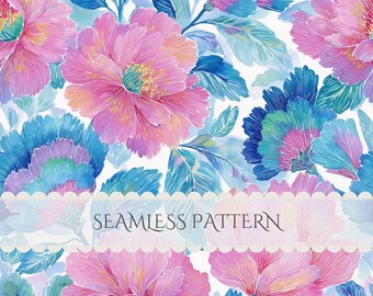 Preppy Pink & Blue Watercolor Floral Seamless Pattern Bold Botanical Junk Journal Digital Paper Scrapbook Commercial Use (Digital Download)