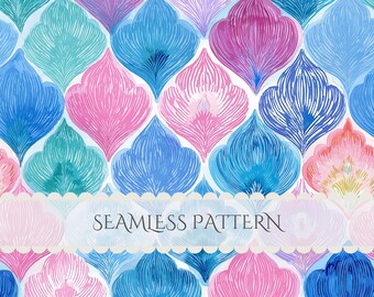 Watercolor Seamless Seashell Pattern Paper Coastal Preppy Digital Paper Pink Blue Junk Journal Scrapbook Commercial Use (Digital Download)