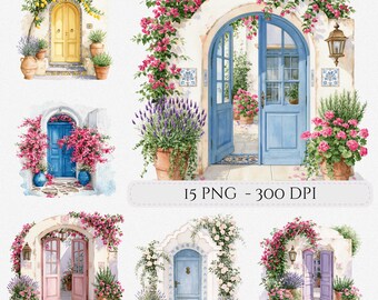 Watercolor Mediterranean Doors Clipart Bundle Amalfi Coast Arches Junk Journal Digital Paper Scrapbook Commercial Use (Digital Download)