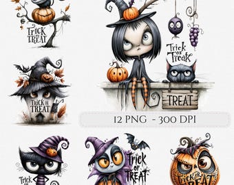 Cute Spooky Halloween Clip Art Bundle Watercolor  PNG Images Whimsical Junk Journal Digital Scrapbook Commercial Use (Digital Download