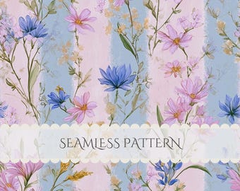 Floral Stripe Seamless Pattern Paper Watercolor Whimsical Flowers Junk Journal Digital Paper Scrapbook Commercial Use (Digital Download)