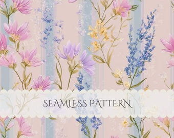 Könnte beinhalten: Ein nahtloses Muster mit rosa, gelben und blauen Wildblumen auf einem Hintergrund aus vertikalen Streifen in Zartrosa und Hellblau. Ein weißes, gewelltes horizontales Banner in der Mitte zeigt den Text SEAMLESS PATTERN in Schwarz.