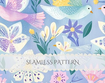 Scandinavian Folk Seamless Digital Pattern Watercolor Whimsical Birds Flowers Junk Journal Scrapbook Commercial Use (Digital Download)