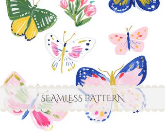 Gouache Butterfly Seamless Pattern Colorful Butterfly Digital Paper Whimsical Junk Journal Scrapbook Commercial Use (Digital Download)