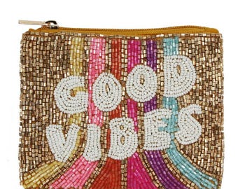 Seed Beaded Good Vibes Coin Purse: MULTI