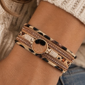 Leopard Bohemian Style Bracelet, Leather Stack Design