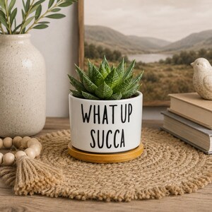 What the Fucculent Succulent Pot | Witty 3 Inch Ceramic Planter with Bamboo Saucer | Cactus Pot | Plant Lover Gift | Desk Decor