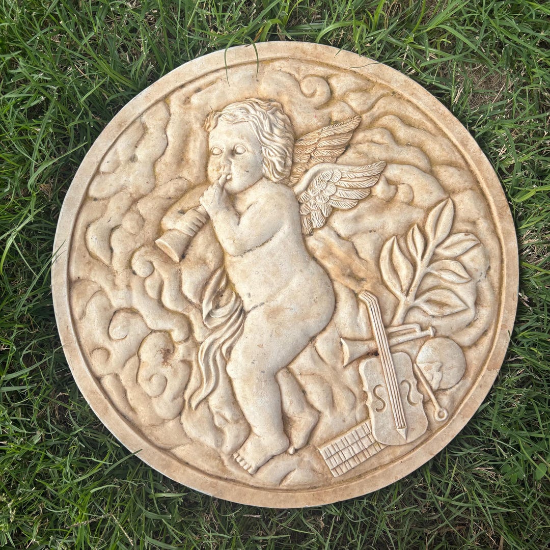 Vintage Cherub Garden Stone – Musical Angel Plaque – Round Concrete ...