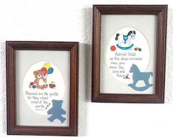 Vintage Nursery Wall Art, Framed Pair, Children's Scripture Prints, Teddy Bear & Rocking Horse Decor