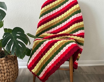 Vintage Crochet Afghan Blanket: 1970s Style Striped Boho Throw