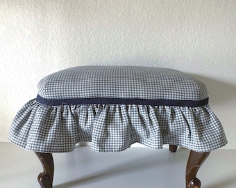 Vintage Blue Gingham Foot Stool, Grannycore Cottage Decor, Ruffled Footrest, Grandmacore Furniture, Cottagecore Vanity Stool