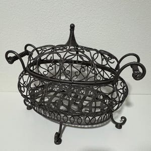 Antique Large Pedestal Woven Metal Egg or Fruit Basket with Lid and Handles FREE SHIPPING