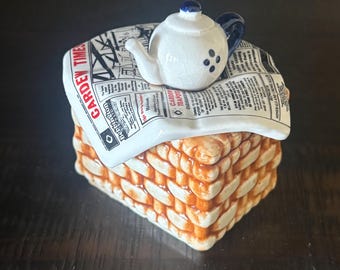 Vintage Paul Cardew Basket Trinket Box with Teapot and Newspaper Lid