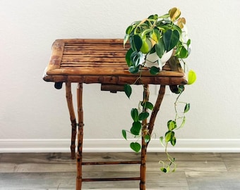 Vintage Tortoise Shell Burnt Bamboo Folding Table: Mid-Century Accent Table