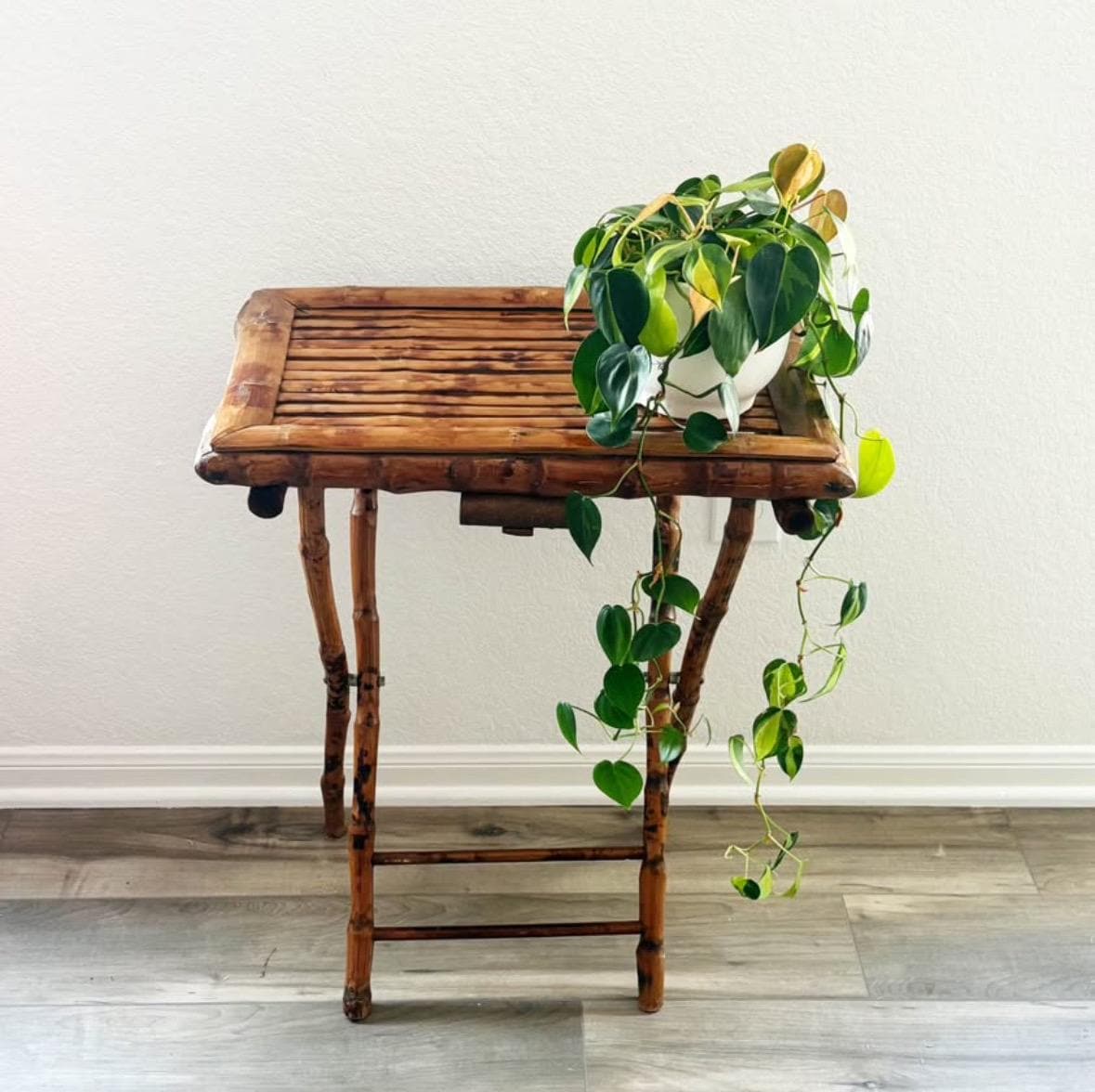 Vintage Tortoise Shell Burnt Bamboo Folding Table: Mid-century