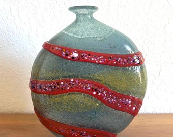 Hand-Blown Art Glass Vase, Flattened Studio Glass Vessel, Blue Green Glass, Applied Red Ribbon Design