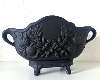 Vintage Black Cast Metal Jardiniere, Footed Planter, Victorian Fruit Relief, Cottage Garden Decor