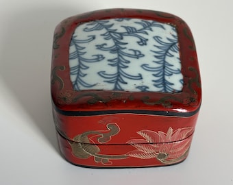 Vintage Red Lacquer Trinket Box with Blue & White Porcelain Lid