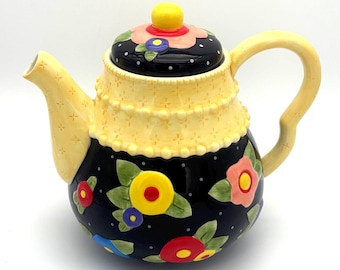 Mary Engelbreit Teapot, Black Floral Tea Pot, Whimsical Cottage Kitchen Decor