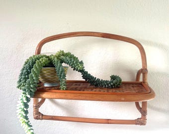 Vintage Rattan Wall Shelf with Towel Bar, Boho Bathroom Storage, Wicker Wall Shelf