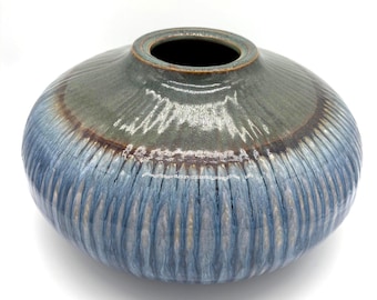 Vintage Studio Pottery Vase, Blue Drip Glaze, Large Decorative Art Pottery