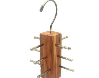 Vintage Cedar Tie Rack, Hanging Closet Organizer, Scarf & Belt Holder, 12-Peg Wooden Closet Storage