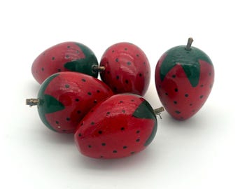 Vintage Made In Japan Wooden Strawberries, Hand Painted Wood Fruit, Set of 5